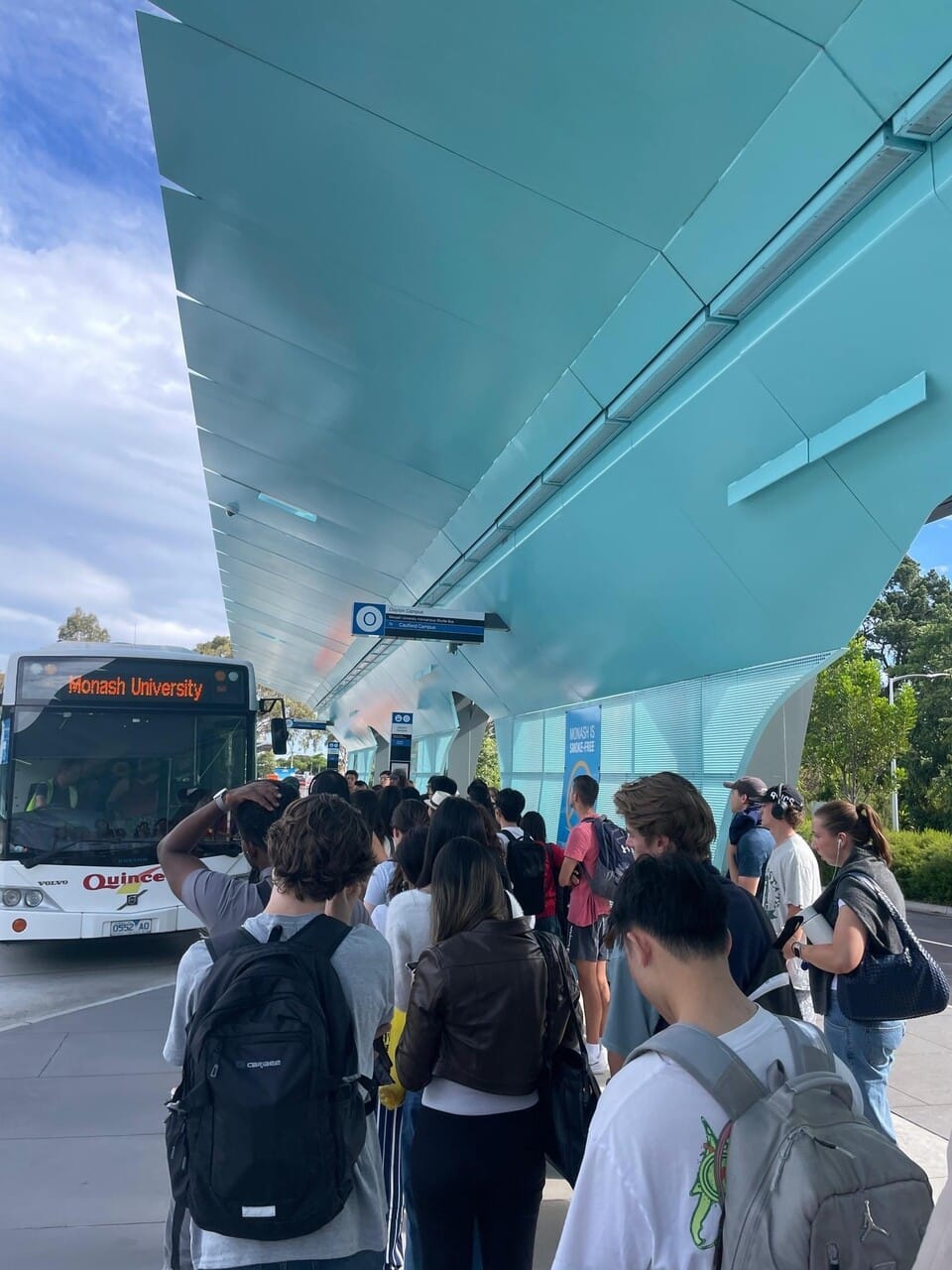 Long queues for intercampus shuttle buses is Monash’s alternative for students.  Photo: Carina Griffin
