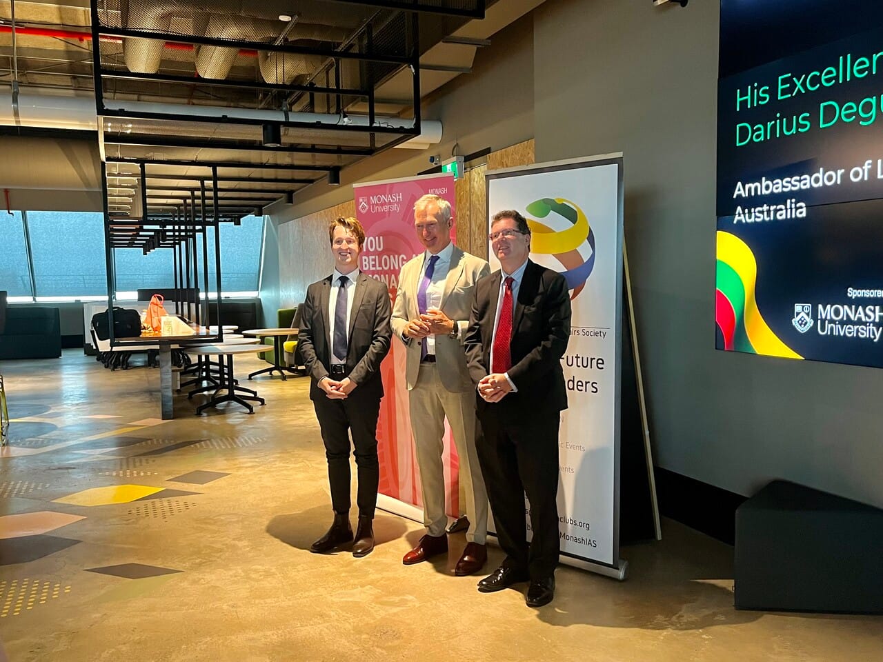 Pictured from left to right: Ben Kovacs (President of the Monash International Affairs Society), His Excellency, Darius Degutis (Lithuanian Ambassador to Australia) and Dr. Remy Davison (Senior Lecturer in the School of Politics and International Relations) PHOTO: Karen Prince
